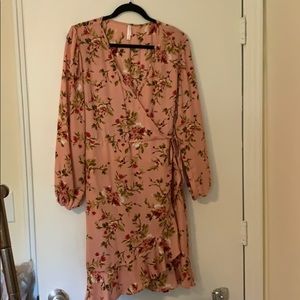 Pink long sleeve fit &flare wrap dress
